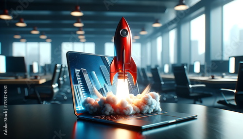 Digital illustration of  launching space rocket from laptop screen. a graph that grows positively and shoots high. using blue and cool ambient tones