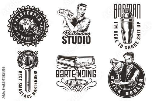 Bartender design with hawthorne strainer and boston shaker for bartending school. Vector emblem set of chromed metal equipment or cocktail bar tool for barman or barkeep