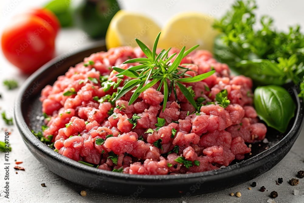 A plate with minced meat and spices in the kitchen on the table A plate with minced meat and spices in the kitchen on the table