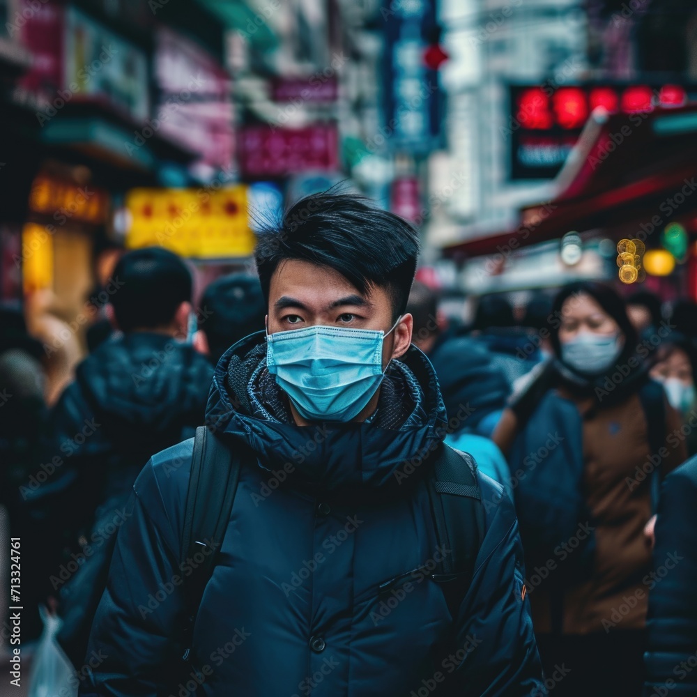 daily life disrupted by global virus, young man wearing a mask on the street with fear in his eyes during a pandemic daily life disrupted by global virus, young man wearing a mask on the street with fear in his eyes during a pandemic