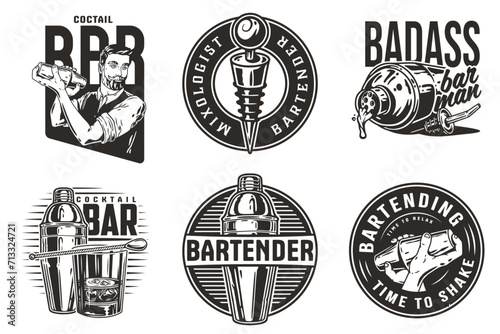 Bartender design with boston shaker and bottle stopper, bucket with ice for bartending school. Vector emblem set of chromed metal equipment or cocktail bar tool for barman or barkeep photo