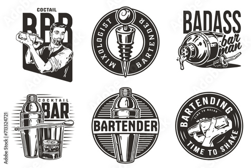 Bartender design with boston shaker and bottle stopper, bucket with ice for bartending school. Vector emblem set of chromed metal equipment or cocktail bar tool for barman or barkeep