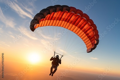Skydiving. Parachutist in blue sky in free flight