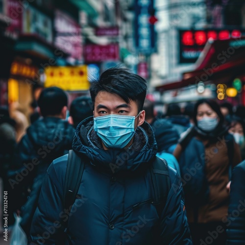daily life disrupted by global virus, young man wearing a mask on the street with fear in his eyes during a pandemic