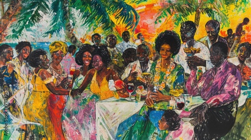 Painting of a Multigenerational Family Enjoying a Garden Picnic Generative AI