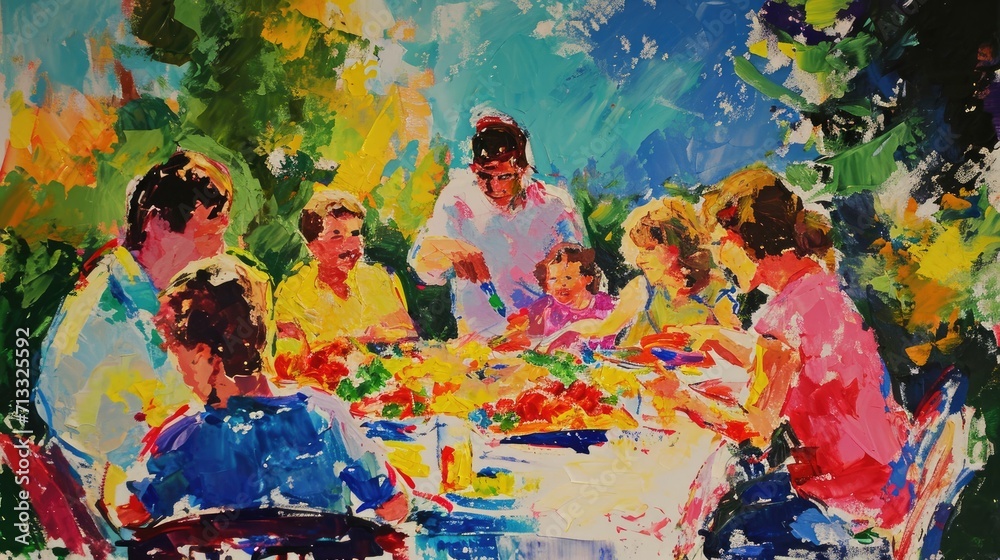 Fototapeta premium Painting of a Group of People Sitting Around a Table Celebrating Generative AI