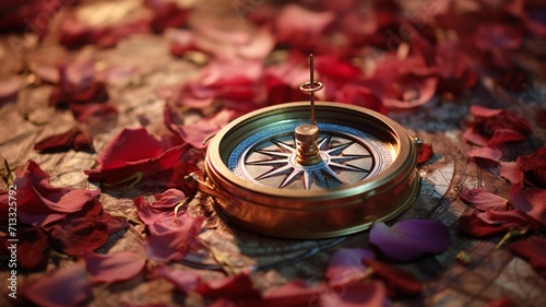 A vintage compass, its needle pointing towards love, placed on a weathered map surrounded by dried rose petals -Generative Ai