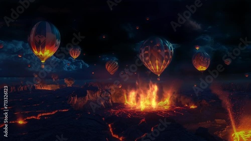 group of hot air balloons soaring above a volcanic landscape at night, seamless looping video background animation photo