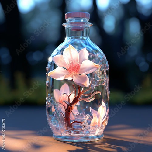 bottle containing cherry blossoms
