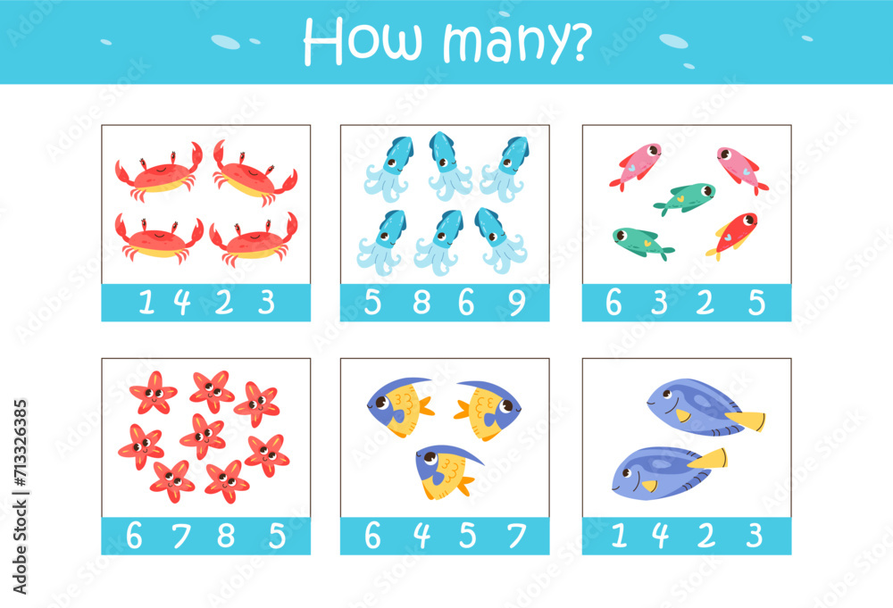 Count how many sea animals and fish. Counting game for kids. Educational a mathematical game. Flat vector illustration.