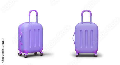 3D plastic suitcase on wheels. Violet suitcase with corrugated hard case. Modern bag for trips and flights. Front and side view. Clean surface, without stickers and inscriptions