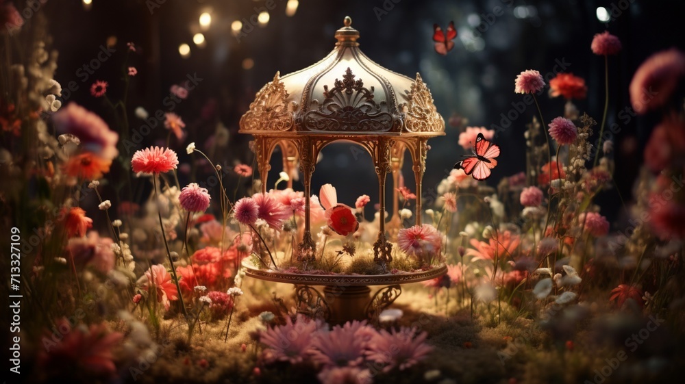 A whimsical carousel adorned with floral decorations spinning in a moonlit fairground -Generative Ai