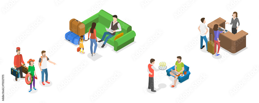 3D Isometric Flat  Conceptual Illustration of Hotel Customer Service, Hospitality Workers