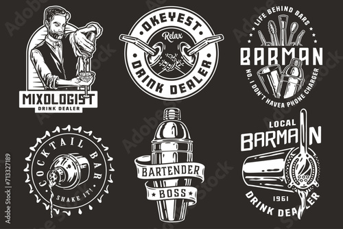 Bartender design with hawthorne strainer and boston shaker for bartending school. Vector emblem set of chromed metal equipment or cocktail bar tool for barman or barkeep