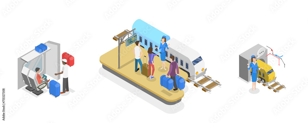 3D Isometric Flat  Conceptual Illustration of Train Conductor, Railway Worker