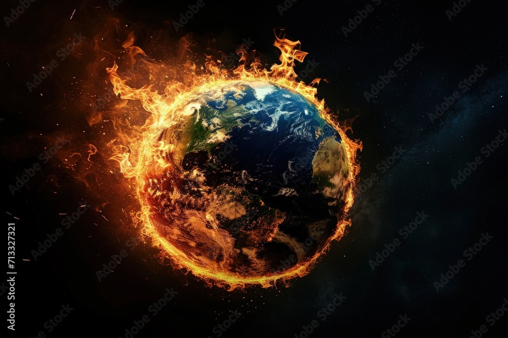 Planet earth in flames on black background, concept of global warming and environmental preservation. Planet earth in flames on black background, concept of global warming and environmental preservation.