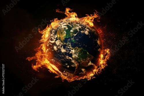Planet earth in flames on black background  concept of global warming and environmental preservation.