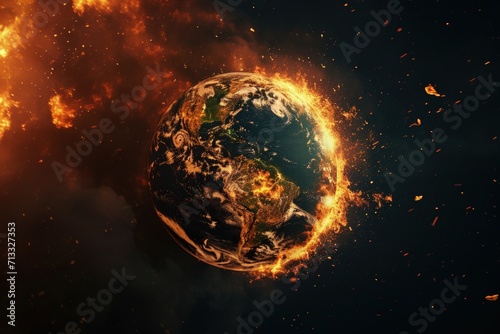 Planet earth in flames on black background, concept of global warming and environmental preservation. photo