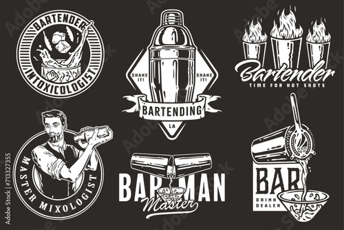 Bartender design with shots with fire, bottle stopper and boston shaker for bartending school. Vector emblem set of chromed metal equipment or cocktail bar tool for barman or barkeep