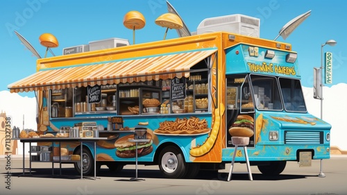 A wide-angle view of a vibrant food truck specializing in gourmet sliders, with a colorful menu board -Generative Ai