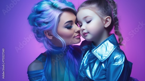 Mother and daughter high fashion shoot in galagram futuristic colors. © brillianata