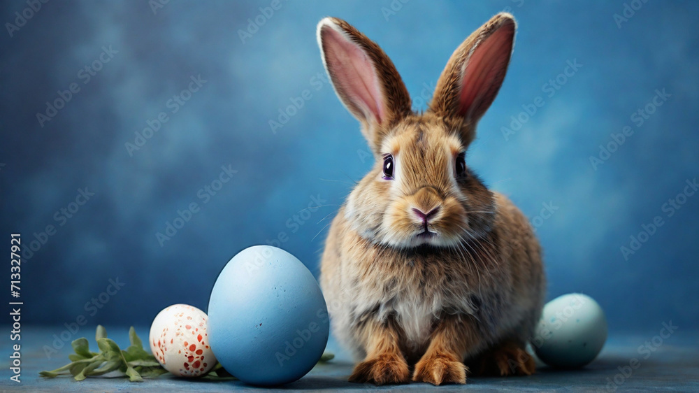 Easter bunny rabbit with blue painted egg on blue background Easter bunny rabbit with blue painted egg on blue background