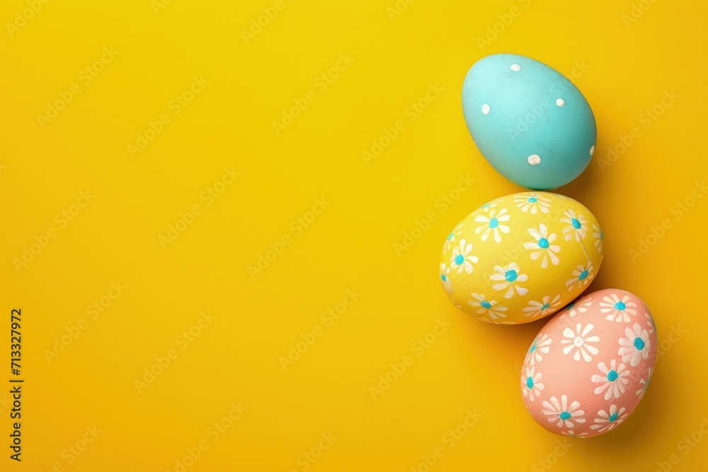 Yellow background with easter eggs, concept of easter holiday and religion.