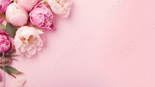 Elegant Women's Day Concept with Pink Peony Rose Buds and Sprinkles on Isolated Pastel Pink Background, Perfect for Greeting Cards and Spring Celebrations