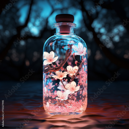 bottle containing cherry blossoms