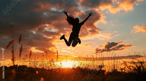 Silhouette of a happy girl jumping up against the sunset. Created with Generative Ai technology.