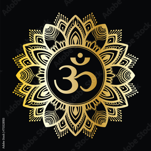 Golden OM mandala frame icon for decoration, spirituality, meditation