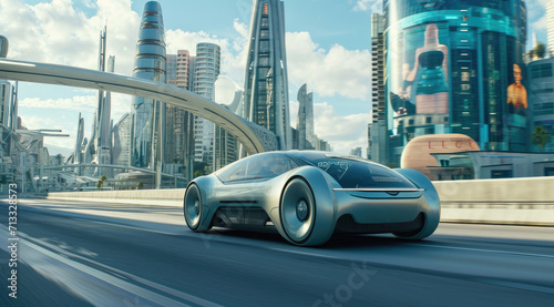 an electric car is driving on a city street with futuristic architecture