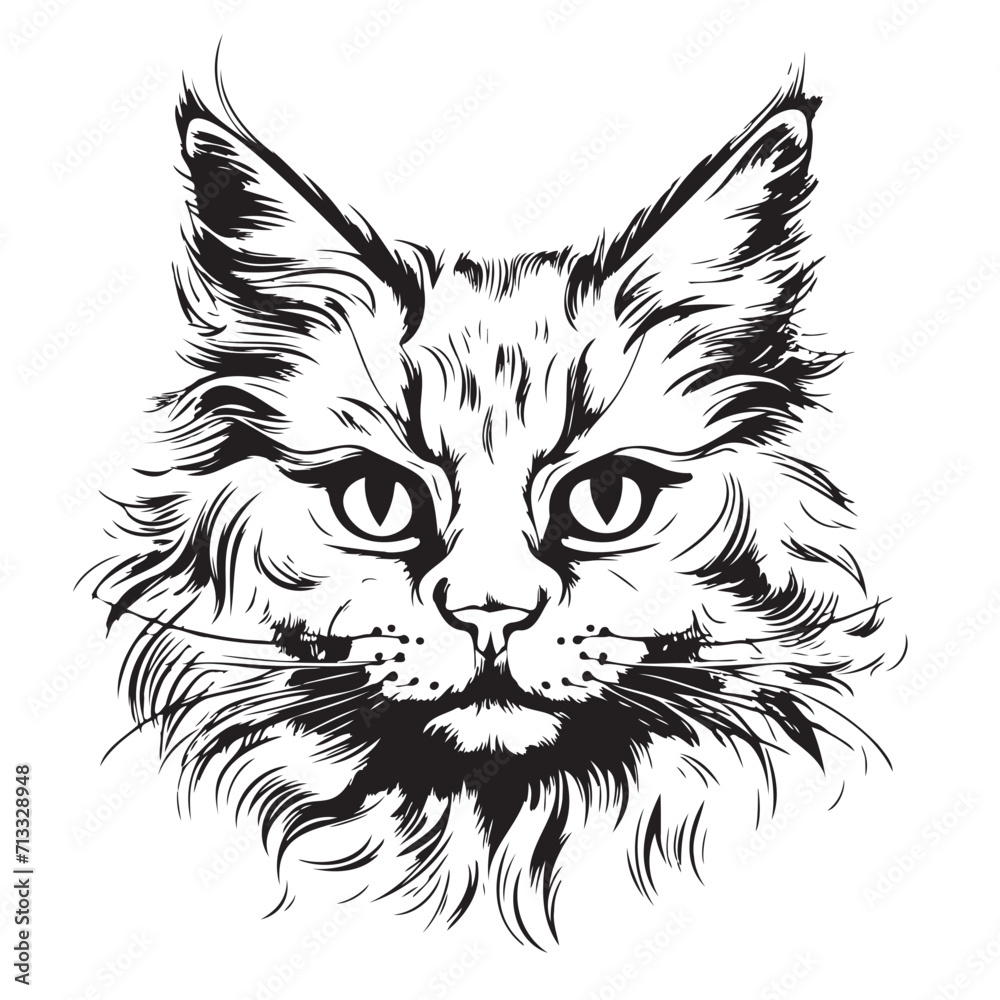 Fluffy cat face sketch hand drawn sketch Vector illustration Pets