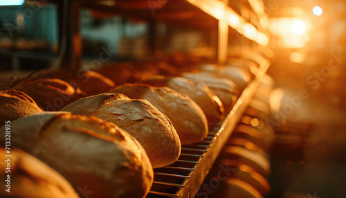 bread is on a rack in a bakery photo
