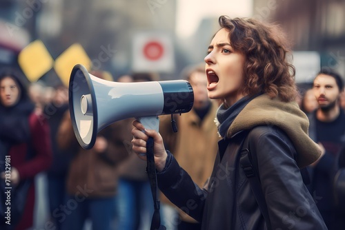 Female activist protesting via megaphone with a group of demonstrators in the background