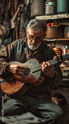 Wallpaper Mural Male Musician Immersed in the Art of Guitar Playing, Surrounded by the Tools of His Craft in His Own Repair Shop Torontodigital.ca