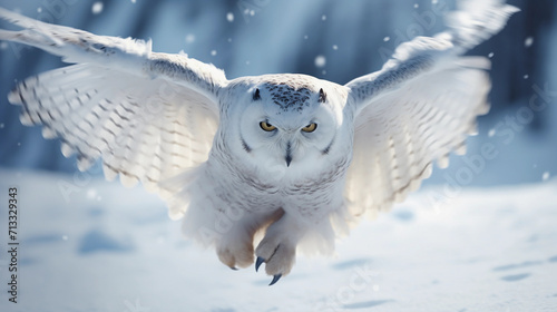 Close-up view of flying white Snow Owl in snow in wild in Winter 