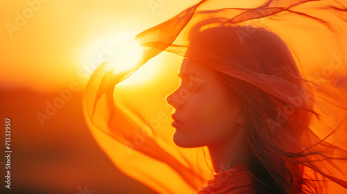 Tranquil Sunset Moment with Woman Holding Scarf