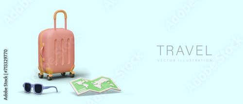 Travel concept in comic positive style. 3D suitcase, sunglasses, unfolded world map. Advertising horizontal banner with place for travel agency name, slogan, link button