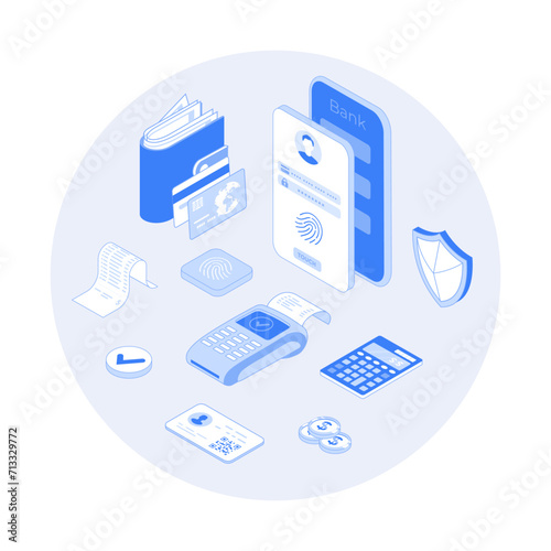 Mobile banking, Financial online service. Financial transactions via smartphone, payment, credit, deposit. Vector outline illustration with isometry scene for web graphic