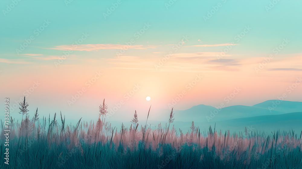 Fototapeta premium Scenic Sunset Over Mountains and Grass