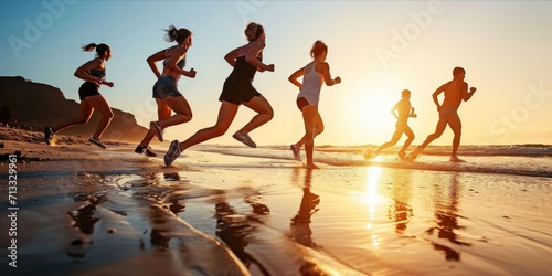 Group of young people running on beach at sunset. healthy holiday concept photo