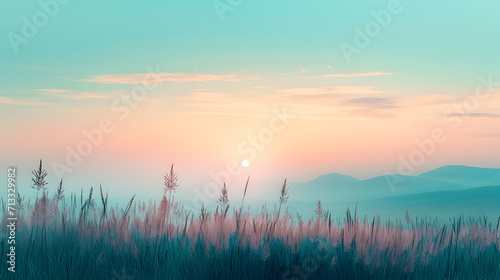 Scenic Sunset Over Mountains and Grass