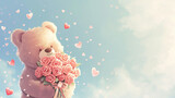 Brown fluffy Teddy bear stands and holds a bouquet of pink roses surrounded by flying hearts on a pastel blue background. St Valentine day, birthday, wedding, mothers day concept. Copy space.