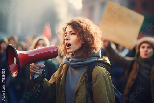 Female activist protesting via megaphone with a group of demonstrators in the background © Sasa Visual