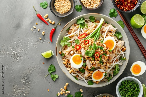 "Chicken Pad Thai" chicken breast strips, boiled eggs, tamarind paste, fish sauce, chopped peanuts, chopped coriander leaves, cooked rice noodles, chopped spring onions, ground pepper, garlic soya