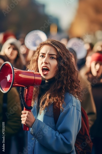 Female activist protesting via megaphone with a group of demonstrators in the background © Sasa Visual