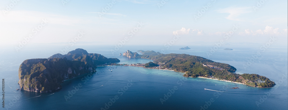 Panoramic view from above, stunning aerial view of Ko Phi Phi Don. Ko Phi Phi Don is the main island of Thailand’s Ko Phi Phi archipelago. Andaman Sea, Krabi, Thailand.