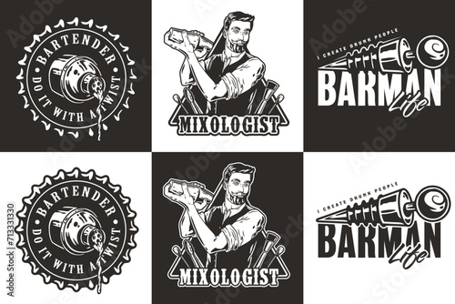 Bartender design with bottle stopper and boston shaker for bartending school. Vector emblem set of chromed metal equipment or cocktail bar tool for barman or barkeep