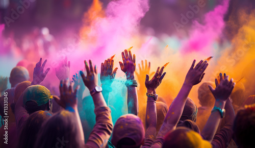 Multicolored crowd painted hands up with various colors hues during lively Holi festival on Indian street. Burst of colors and youthful captured in festive moment. Indian culture and traveling concept